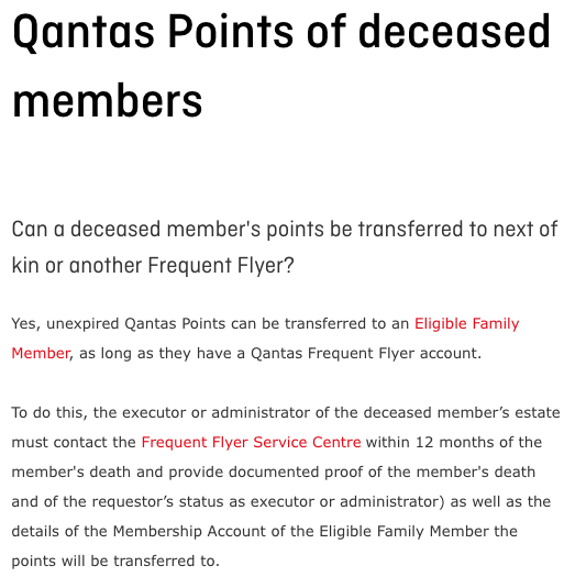 Qantas website screen grab on transferring points from deceased Frequent Flyer members