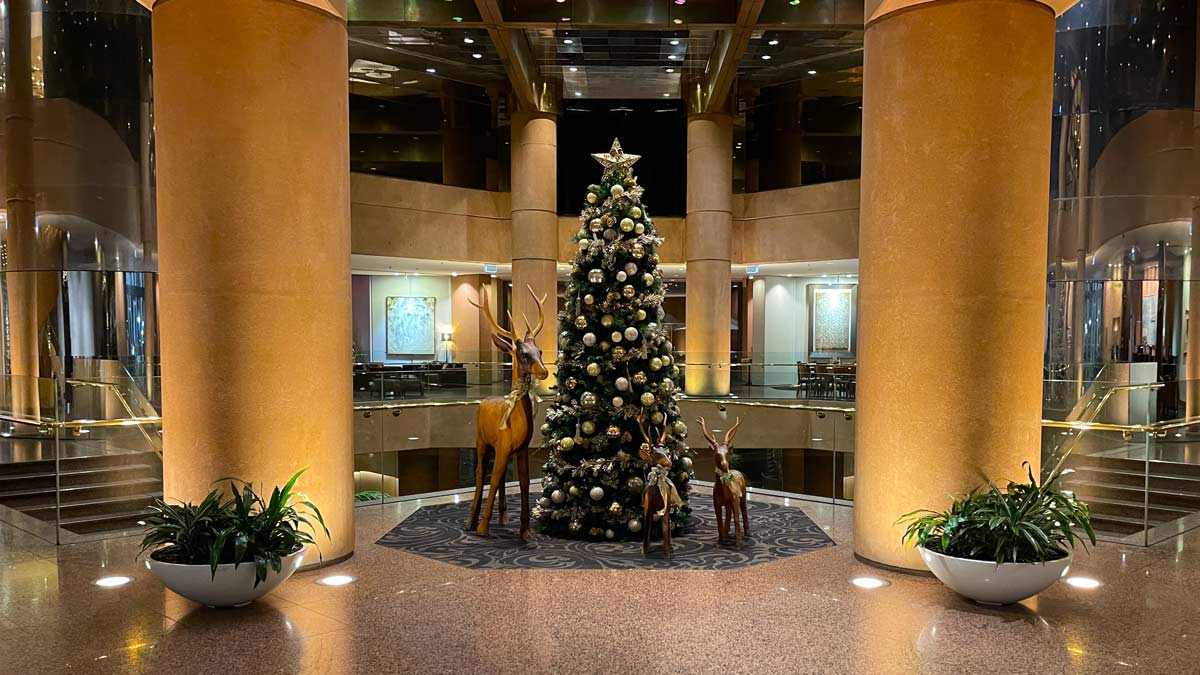 a christmas tree in a hotel lobby