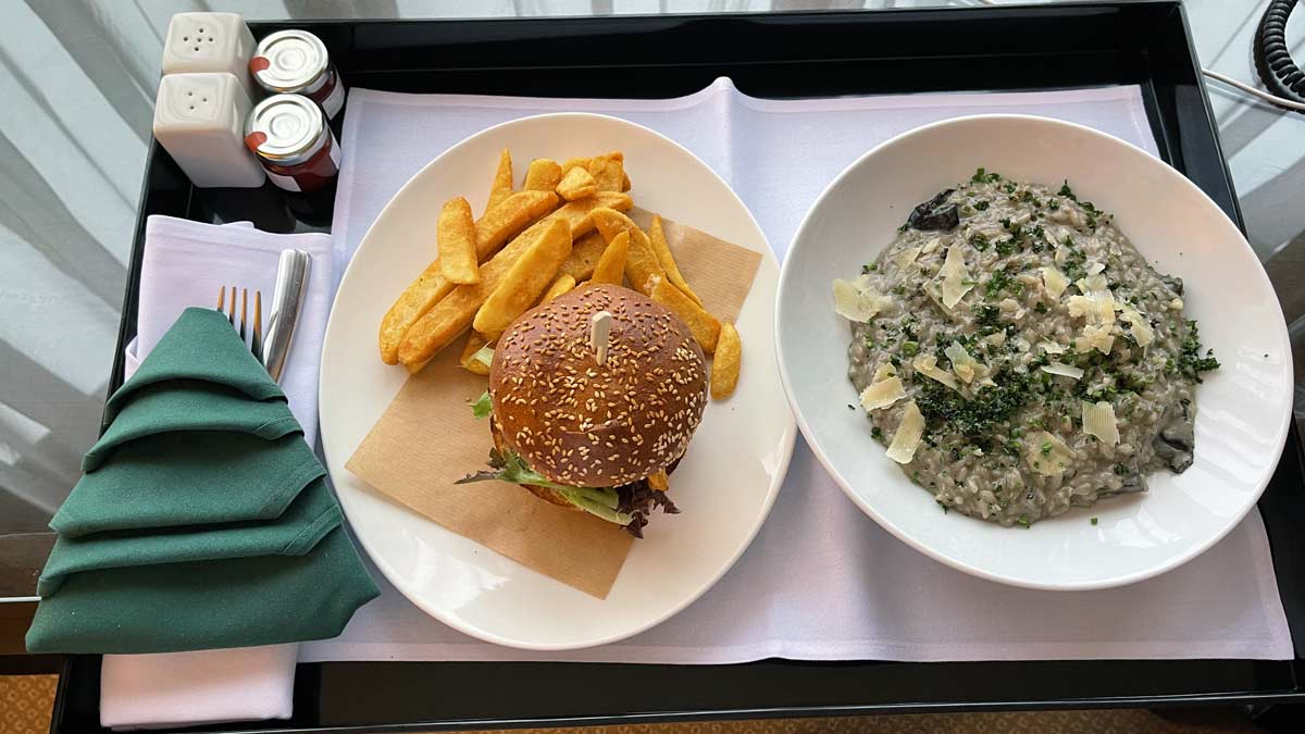 a plate of food on a tray