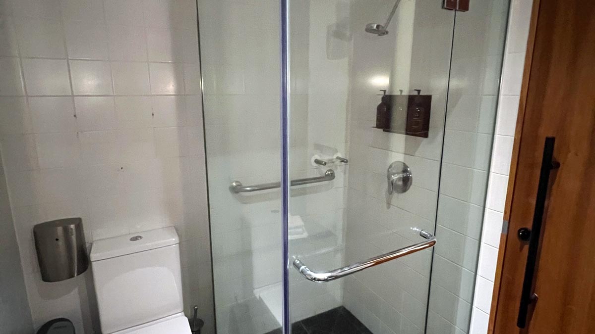 a glass shower with a toilet