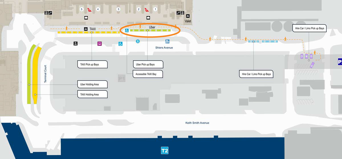 Map of Sydney Airport T3, note that the uber pickup area is now right of the Taxi rank. [Sydney Airport]