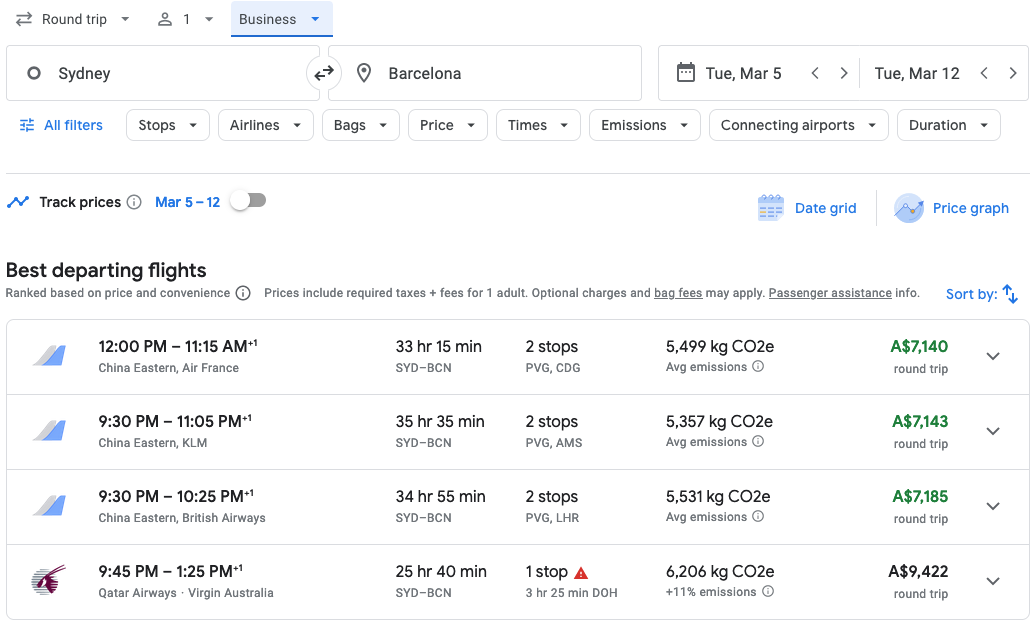 a screenshot of a flight schedule