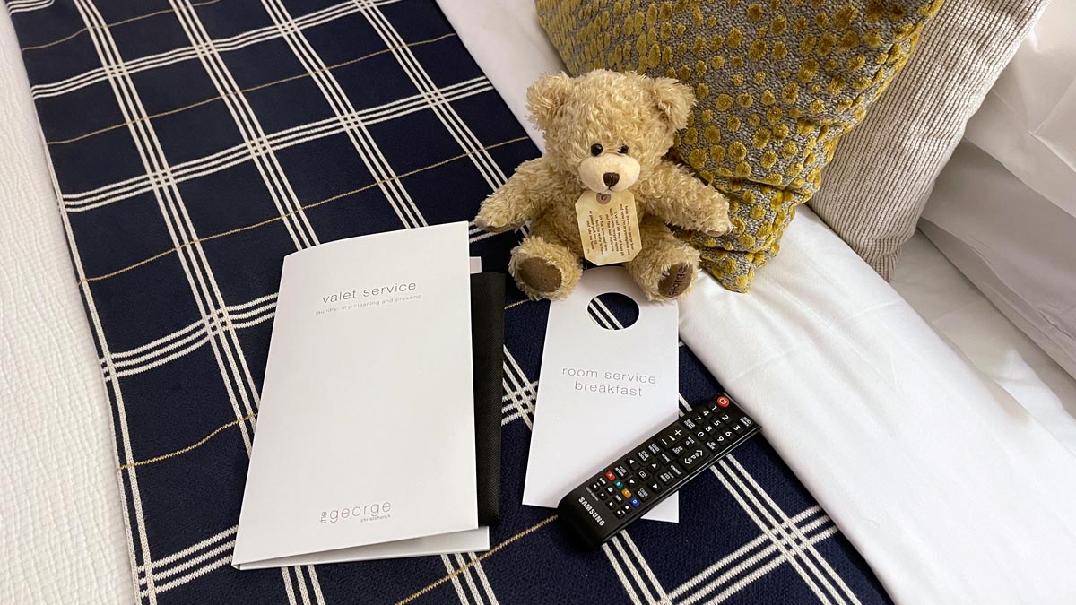 a teddy bear next to a remote control