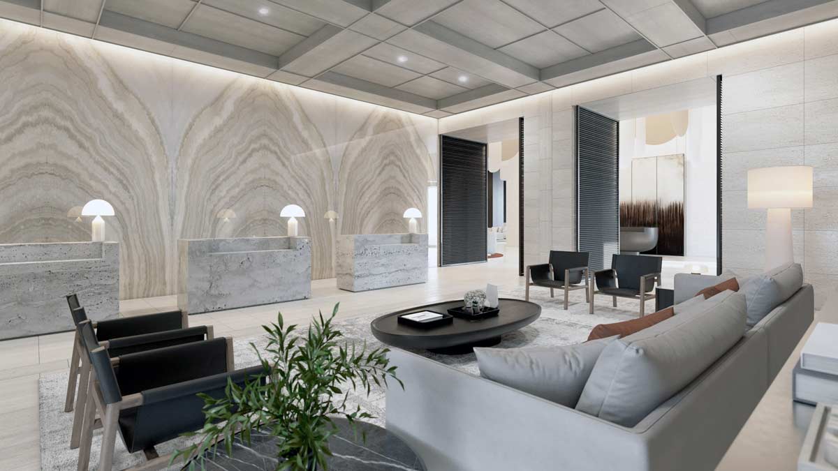a lobby with a marble wall and a marble table