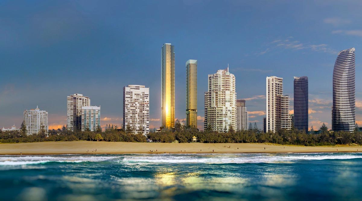 a city skyline with a beach and water