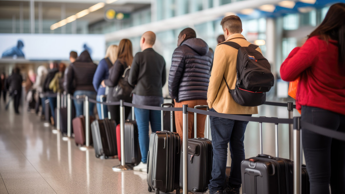 a group of people standing in a line with luggage