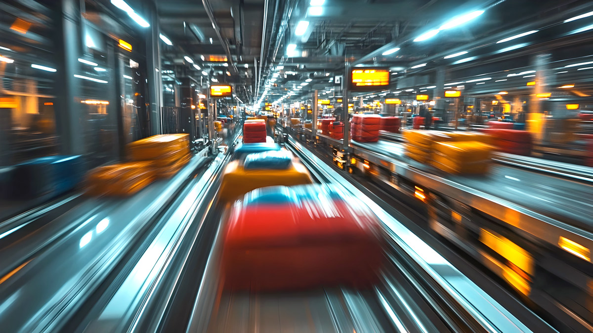 a blurry image of luggage on conveyor belt