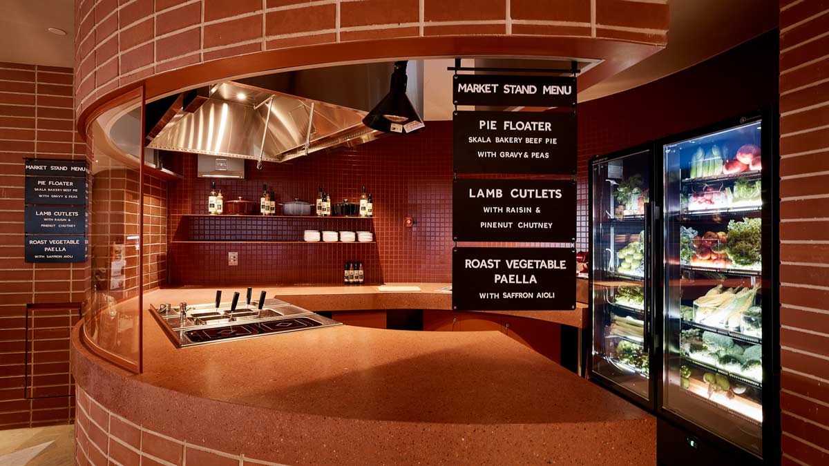 a counter with a display of food