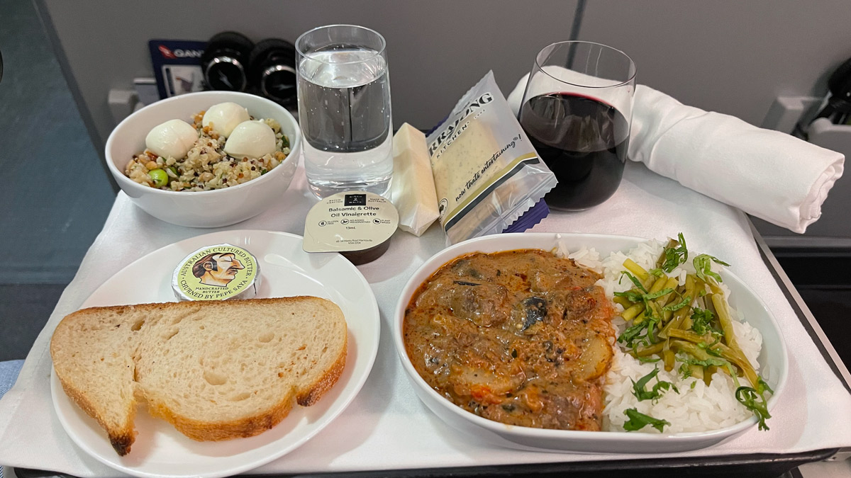 a tray of food and drinks