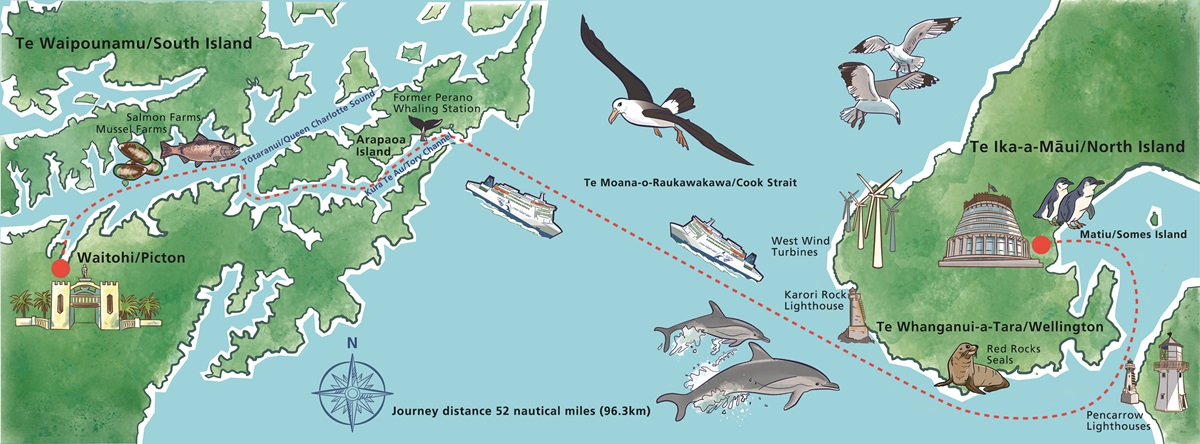 a map of a sea with ships and dolphins