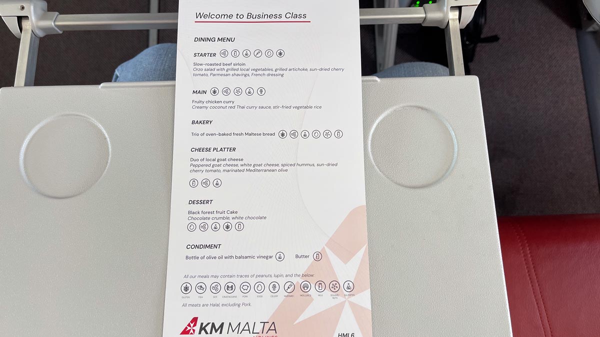 a menu on a plane