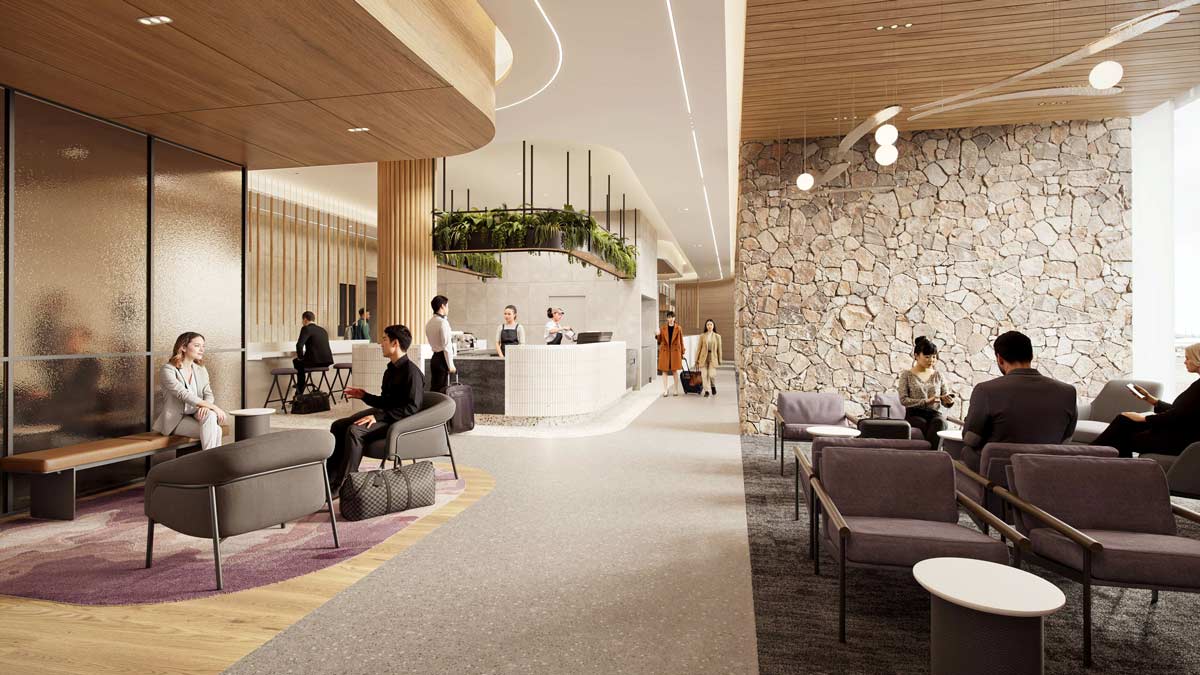 a group of people in a hotel lobby