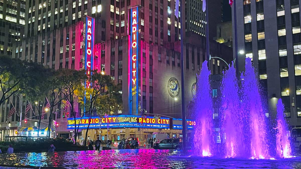 a fountain in front of Radio City Music Hall