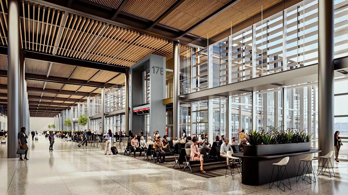 a group of people sitting in a large building