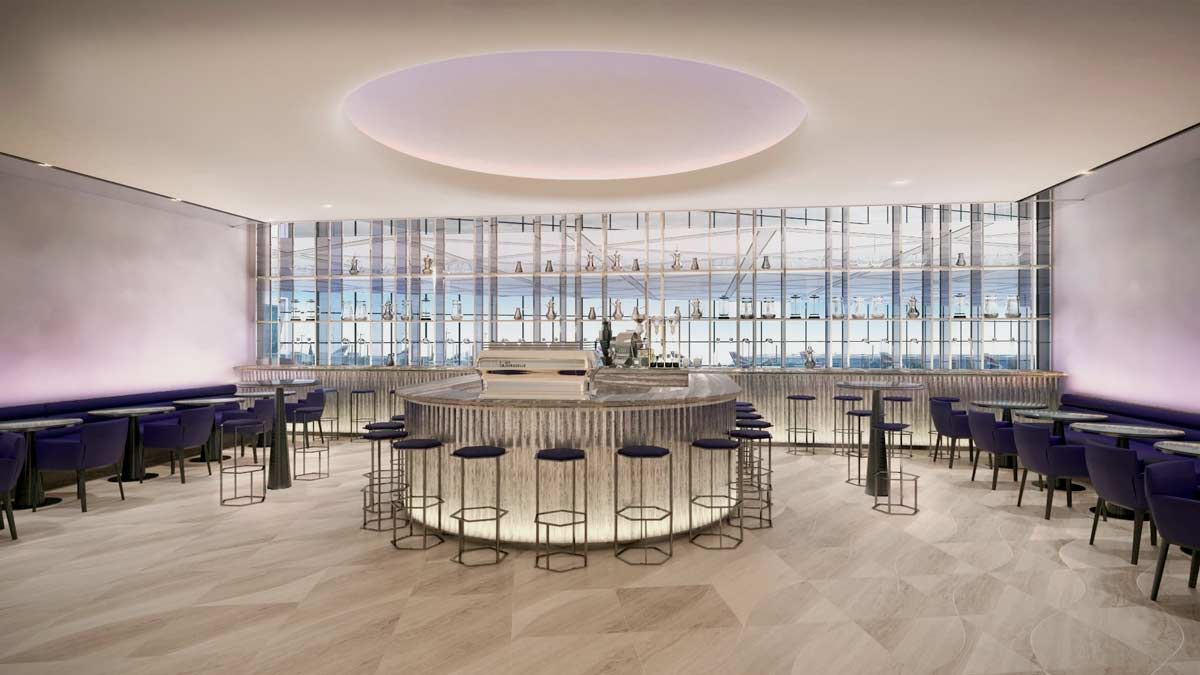 a room with a round bar and a round counter