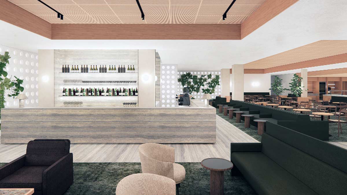 a room with a bar and a counter