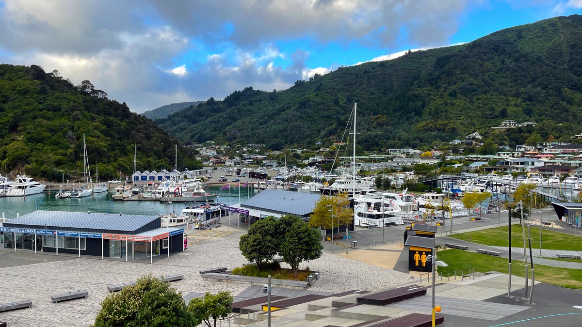 a marina with boats and a hill in the background